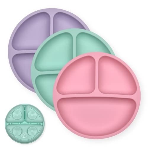 31wWg8XT7L.jpg Hippypotamus Toddler Plates with Suction - Baby Plates - 100% Food-Grade Silicone Divided Plates - BPA Free - Dishwasher Safe - Set of 3 (Pink/Mint/Lavender) - Image 1