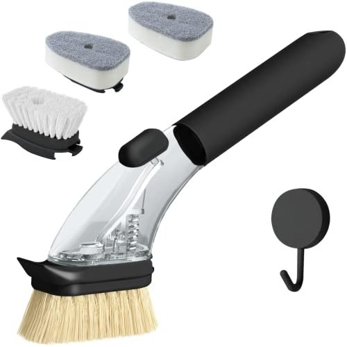 DAPOWER Dish Brush with Handle, Dish Scrubber with Soap Dispenser, Kitchen Scrub Brush for Dishes Pots Pans Sink Cleaning, 4 Replaceable Brush Heads (Black)