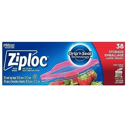 Ziploc Large Food Storage Bags, Grip 'n Seal Technology for Easier Grip, Open and Close, 38 Count