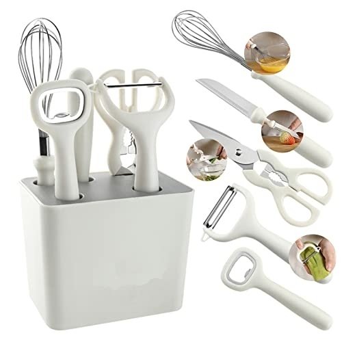 41OgdROFGOL.jpg COMUSTER Kitchen Gadgets Set,Kitchen Scissors, Kitchen Utensils Set with Holder, Paring Knife,Whisk,Bottle Opener,Peeler- Home Kitchen Gadgets(White 6 Pieces set) - Image 1