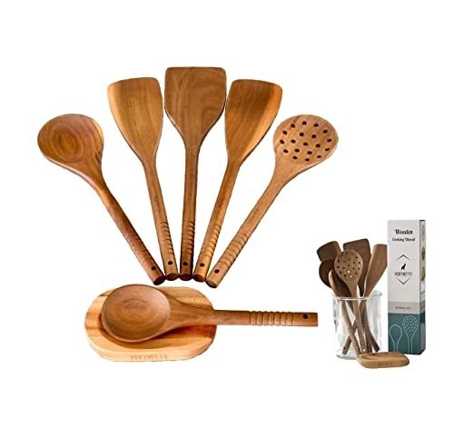 41SKoWQIscL.jpg VERY NITTY Very Beautiful Kitchen Utensil Set, 7pc Wooden Cooking Utensils, Spoons and Spatula Set with Spoon Rest. Wood Kitchen Gadgets, Tools and Supplies for Cooking, Baking, Mixing and Salad Bowl - Image 1