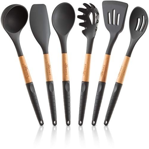 41j6AE0sfBL.jpg Silicone Cooking Utensils Set (6 pcs) Natural Wood Kitchen Utensils – Eco Friendly & BPA Free, Non Scratch & Non Stick Easy Grip Cooking Tools And Best Kitchen Gadgets Tools for Cookware - Image 1
