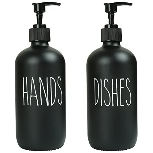 MOMEEMO Soap Dispenser Set 2 Pack, Contains Dish Soap Dispenser and Hand Soap Dispenser. 16 Oz Black Soap Dispenser with Black Plastic Pumps, Perfect for Black Kitchen Decor. (Black)