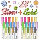 Shuttle Art 28 Pack Double Line Outline Markers, 14 Silver and 14 Gold Colors Squiggles Shimmer Markers Set, Self Outline Metallic Marker Pens for Drawing, Christmas Greeting Card, DIY Crafts