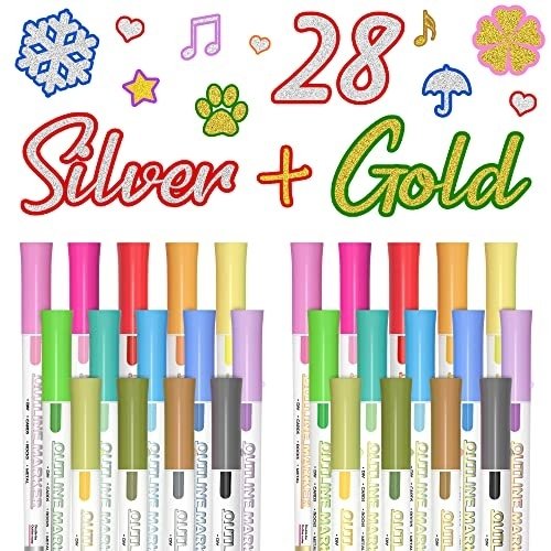 514ozrHrrLL.jpg Shuttle Art 28 Pack Double Line Outline Markers, 14 Silver and 14 Gold Colors Squiggles Shimmer Markers Set, Self Outline Metallic Marker Pens for Drawing, Christmas Greeting Card, DIY Crafts - Image 1