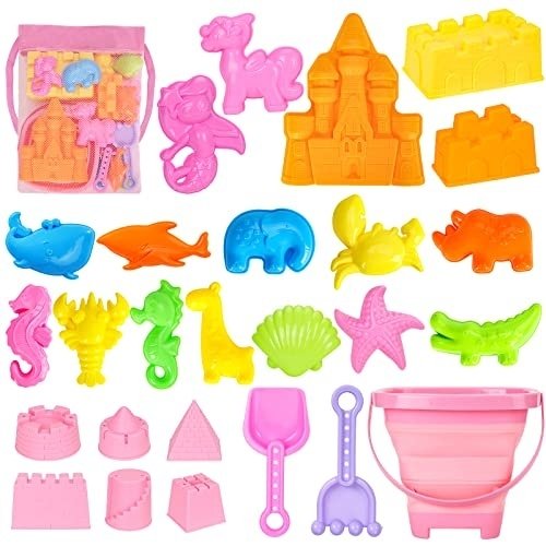 51DKw7FQRL.jpg KUBUSFLY Beach Toys, Sand Toys for Toddlers, Sand Castle Sandbox Toys, Collapsible Sand Bucket and Shovels Kids Beach Toys with Mesh Bag Sandbox Toys for Toddlers Travel Beach Toys for Boys Baby Girls - Image 1