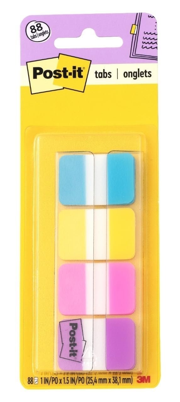 Post-it Sticky Tabs, 1 in. x 1.5 in., 4 Pads of Book Tabs in Assorted Bright Colors for Bookmarking, Annotating, Reading, and Reminders, Blue, Yellow, Pink, and Purple (88 Total Count)