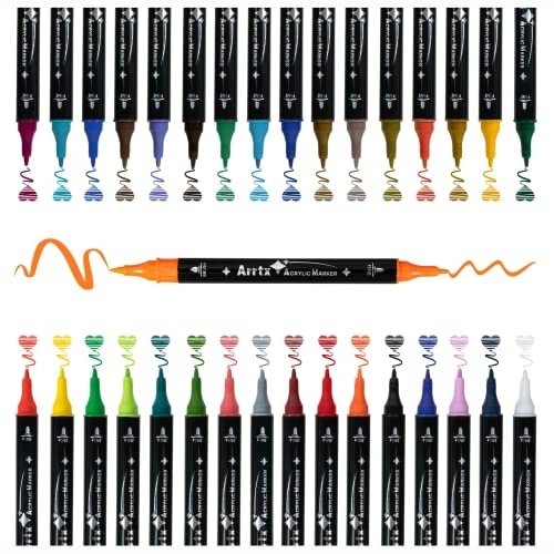 Arrtx Acrylic Paint Pens, 32 Colors Brush Tip and Fine Tip (Dual Tip) Paint Markers for Rock Painting, Water Based Acrylic Painting Supplies for Fabric Painting,Wood, Plastic, Canvas, Easter Egg