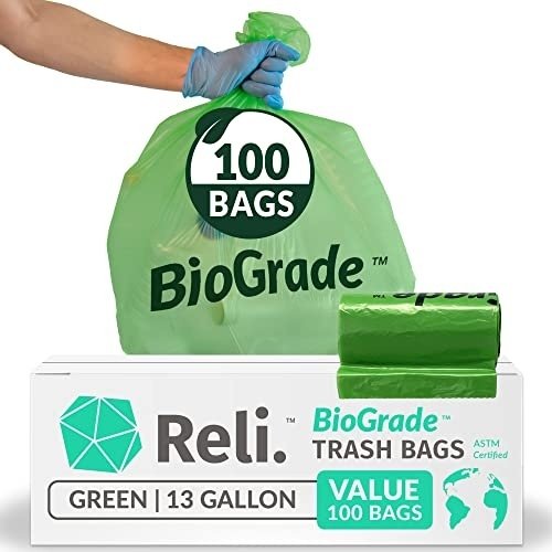 Reli. Biodegradable 13 Gallon Trash Bags | 100 Count | ASTM D6954 | Green | Eco-Friendly | Oxobiodegradable Under Certain Conditions (See Product Description)