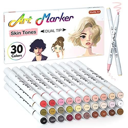 Shuttle Art 30 Colors Skin Tone&Hair Art Markers, Dual Tip Alcohol Based Flesh Color Marker Pen Set Contains 1 Blender Perfect for Kids & Adults Portrait,Comic, Anime, Manga, Illustration