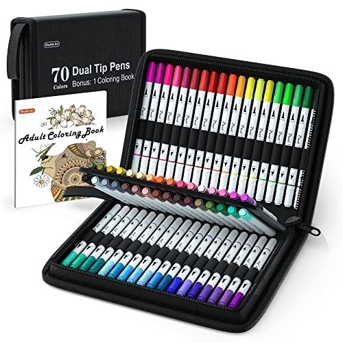 Dual Tip Brush Pens Art Markers, Shuttle Art 70 Colors Fine and Brush Dual Tip Markers Set in Portable Case with 1 Coloring Book for Kids Adult Artist Coloring Calligraphy Journal Doodling Writing