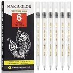MARTCOLOR White Gel Pens Set, 6 Pack, 0.8mm Fine Point Pens Gel Ink Pens For Artists, Archival Ink Pens, White highlight Pens for Black Paper Drawing, Illustration, Sketching, Writing