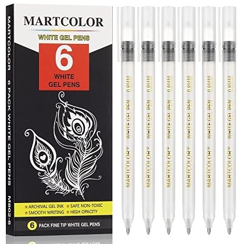 MARTCOLOR White Gel Pens Set, 6 Pack, 0.8mm Fine Point Pens Gel Ink Pens For Artists, Archival Ink Pens, White highlight Pens for Black Paper Drawing, Illustration, Sketching, Writing
