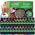 U.S. Art Supply Professional 24 Color Set of Outdoor Acrylic Paint in 2 Ounce Bottles, Plus a 7-Piece Brush Kit - Vivid Colors for Artists, Students - Use on Canvas, Rocks, Kids' Wood Crafts, and Toys