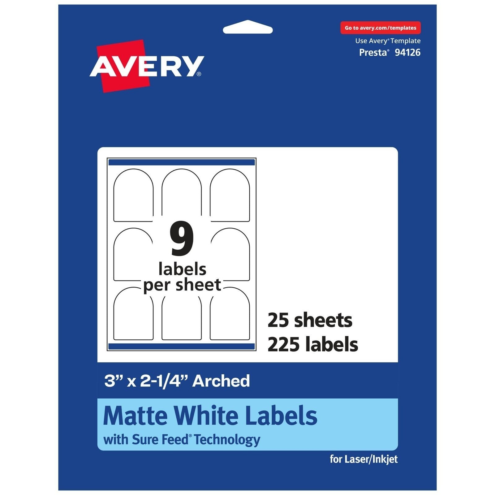 714Y9ffJGL.jpg Avery® Matte White Arched Labels, Sure Feed® Technology, 3" x 2.25", 225 Labels, Print-to-The-Edge, Laser/Inkjet Printable - Image 1