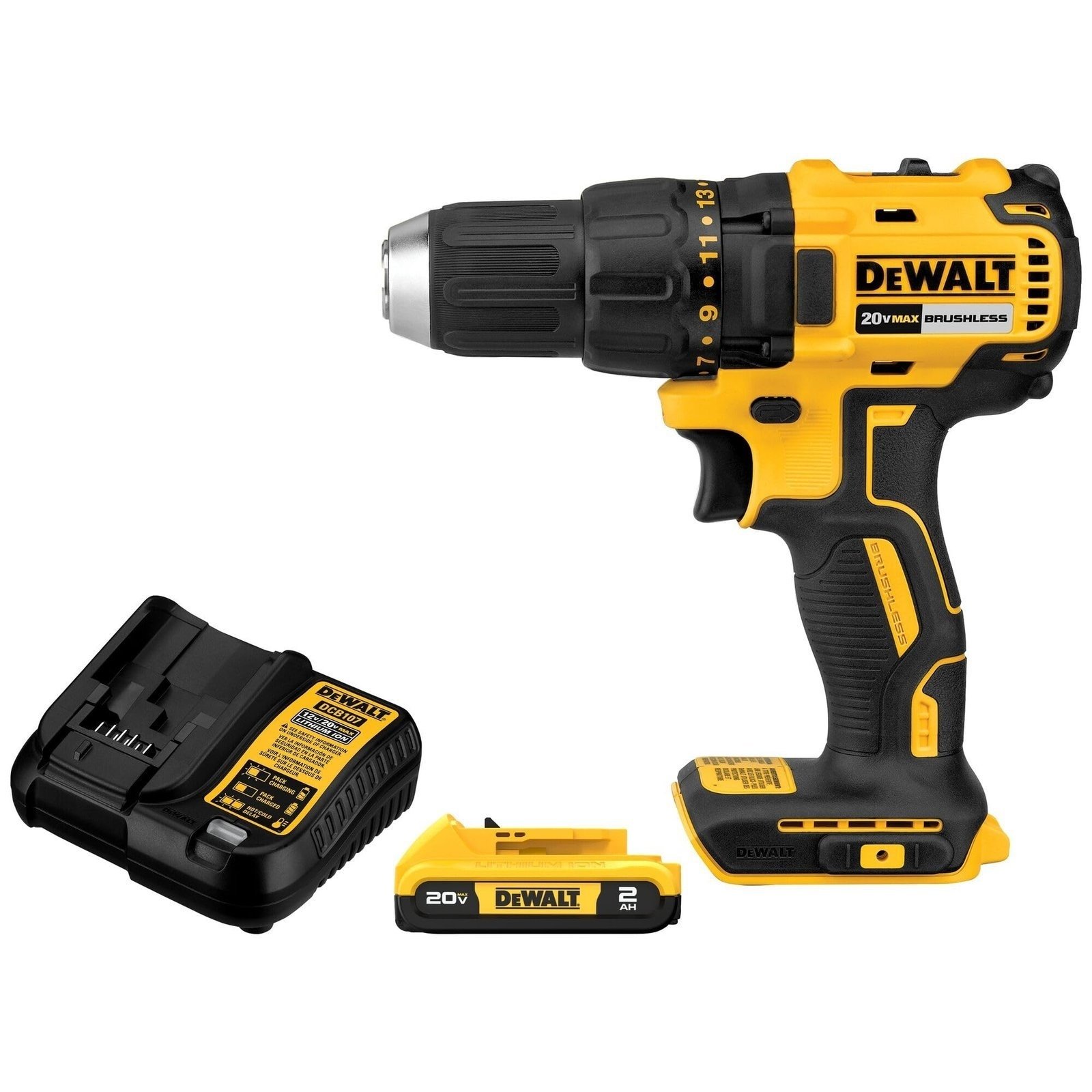 DEWALT 20V MAX Cordless Drill Driver Set, Electric Drill, Brushless 1/2 In 2 Speed, 2.0 Ah Battery and Charger Included, LED Light (DCD777D1)