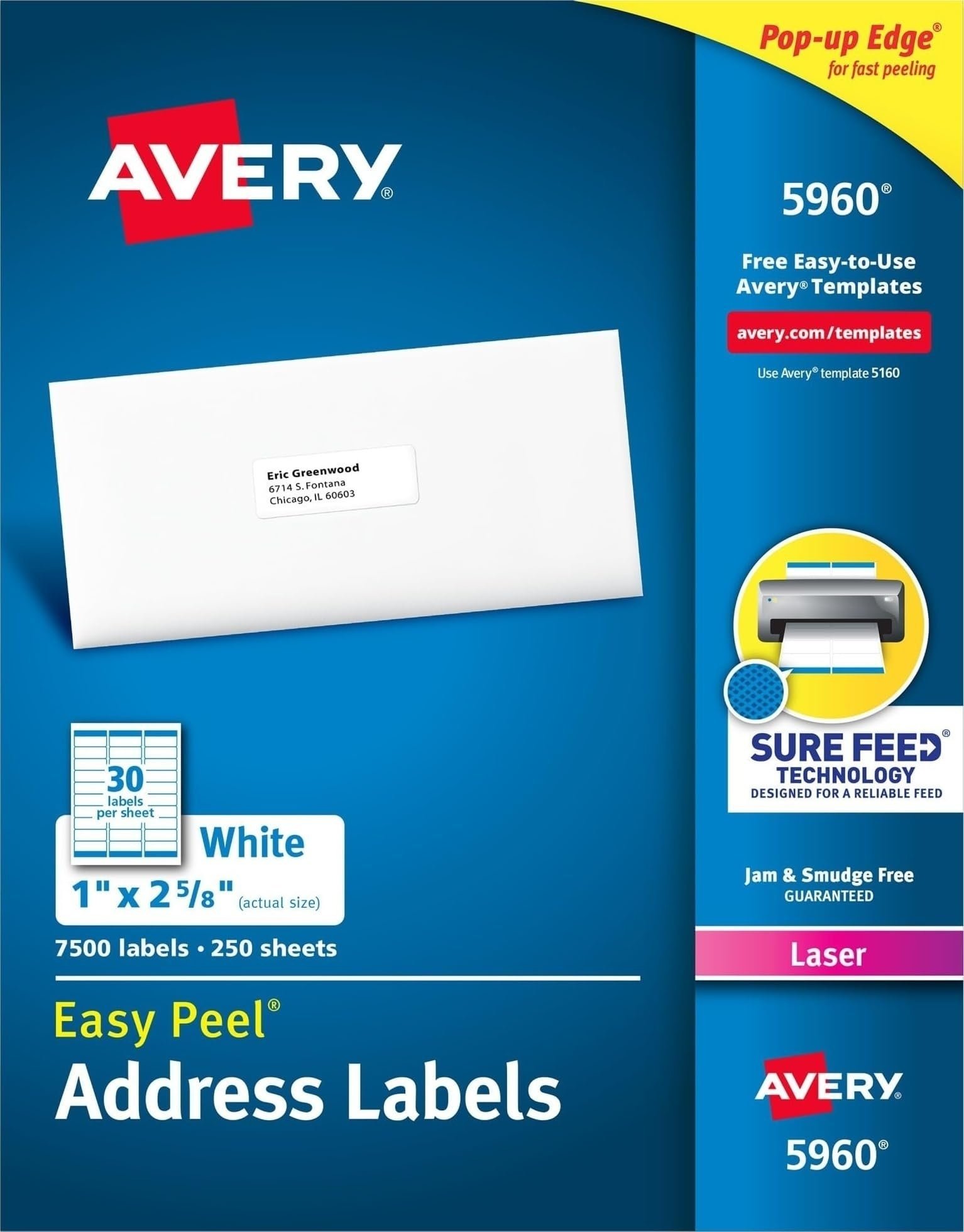 7180u4JP3oL.jpg Avery Easy Peel Printable Address Labels with Sure Feed, 1" x 2-5/8" Customizable Stickers, White, 7,500 Blank Mailing Labels, Great for Mailing, Shipping, and More (5960) - Image 1