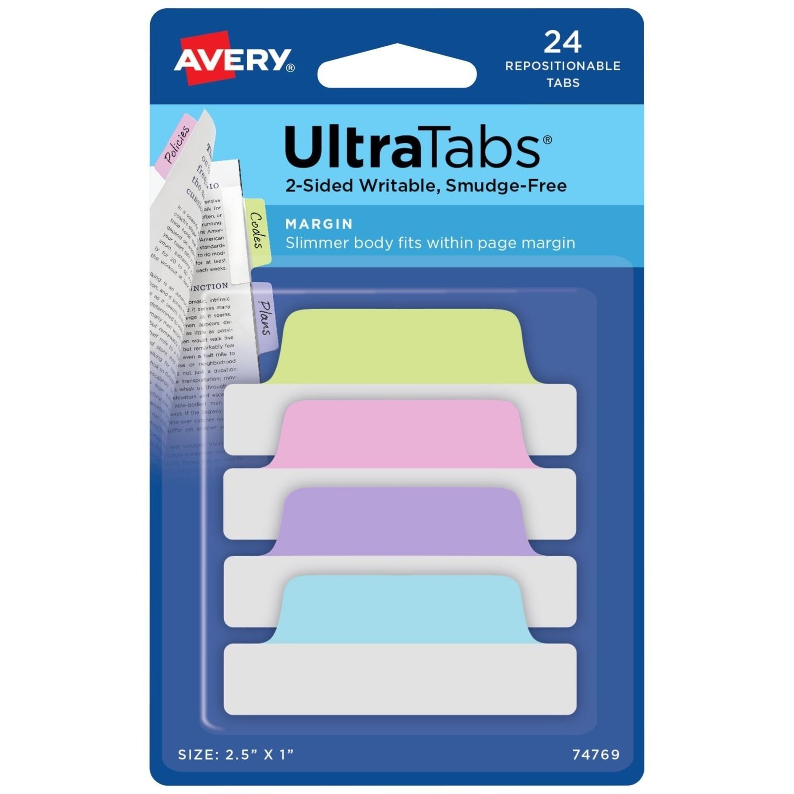 71Gb6L58gQL.jpg Avery® Margin Ultra Tabs®, 2.5" x 1" Repositionable, 24 Pastel Tabs - Image 1