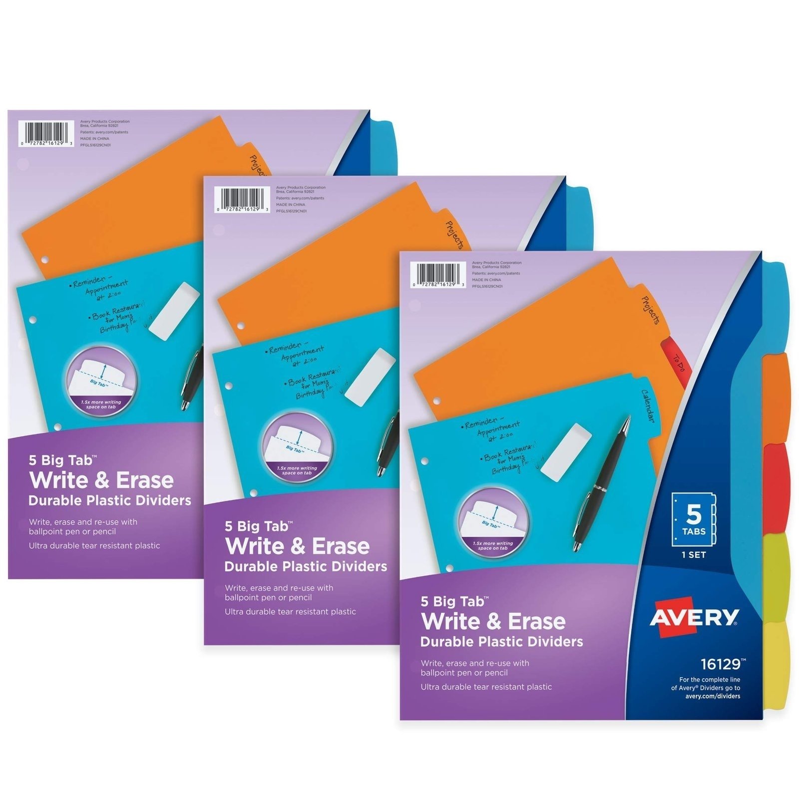 71X1agGaJIL.jpg Avery Write & Erase Plastic Dividers, 5-Tab, Multicolor, 3 Sets - Image 1