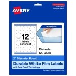 Avery® Printable Durable White Round Labels, Sure Feed® Technology, 2" Diameter, Print-to-the-Edge, Waterproof Labels, Laser & Pigment-Based Inkjet Compatible, 120 Total