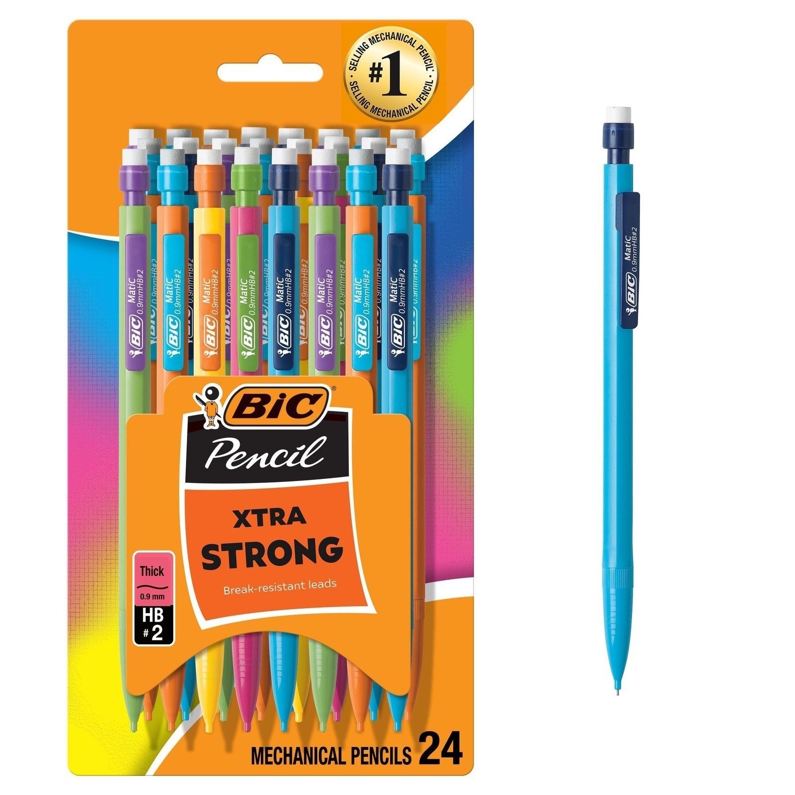 BIC Xtra Strong Mechanical Pencils with Erasers, Thick Point (0.9mm), 24-Count, Mechanical Pencils for School or Office Supplies